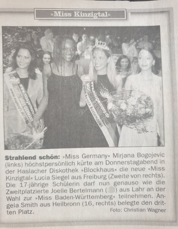 Zeitungsausschnitt zur Wahl der Miss Kinzigtal 2001 mit Joelle Bertelmann als Zweitplatzierter