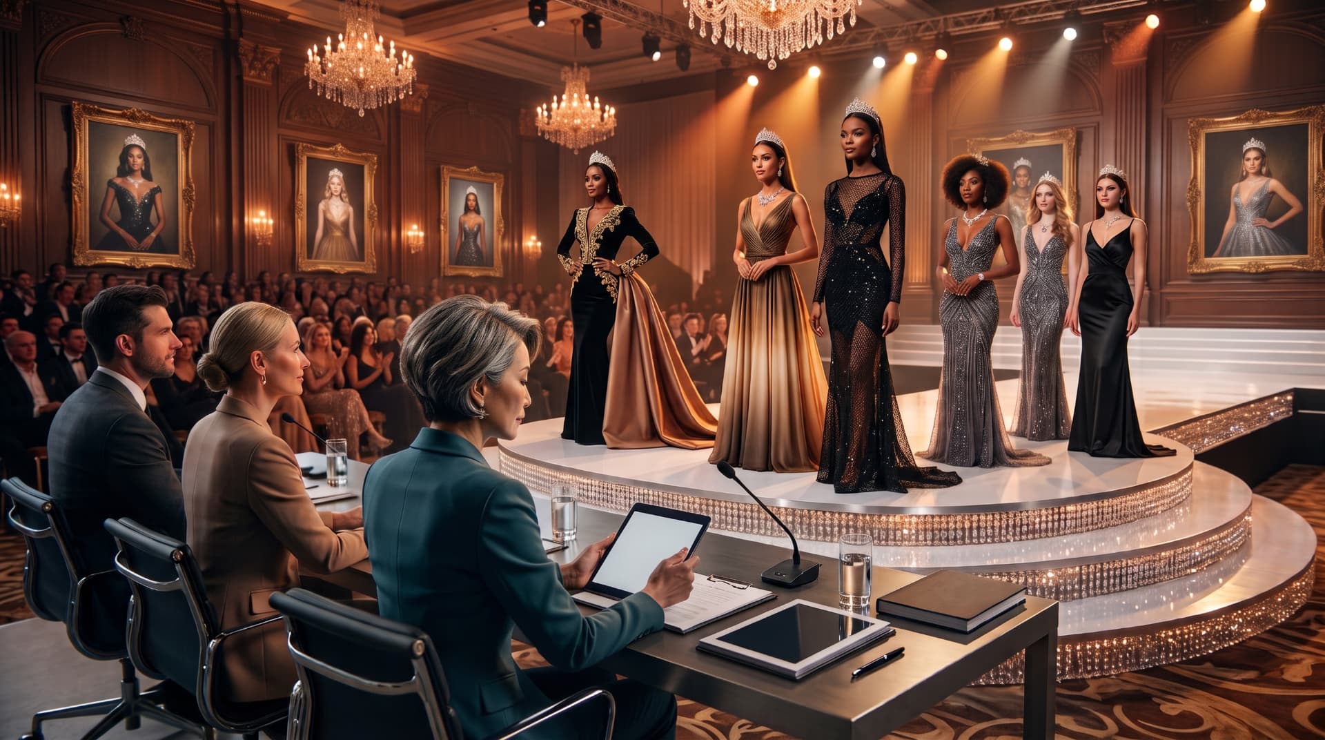 Beauty-Pageant-Bühne mit Kandidatinnen in Abendkleidern unter Kronleuchtern