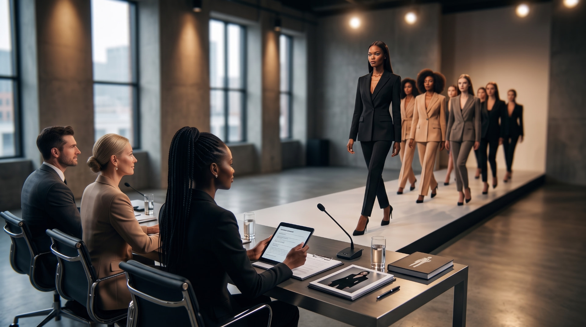 Model präsentiert im Blazer vor der Jury – Assessment & Showcase
